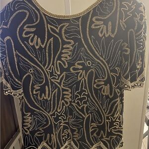 Laurence Kazar Black Blouse with Gold Beaded Floral Embroidery